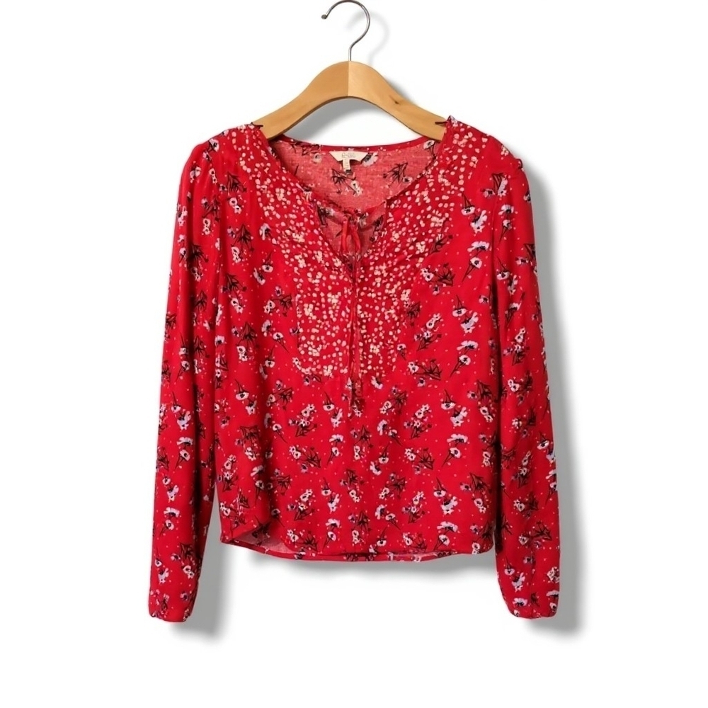 Candie's women's ruby red floral long sleeves tie neck blouse  - xs